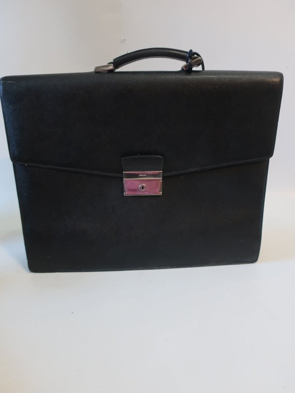 Authentic Mens Prada Saffiano Grained Leather Black Key Lock Cartella Briefcase